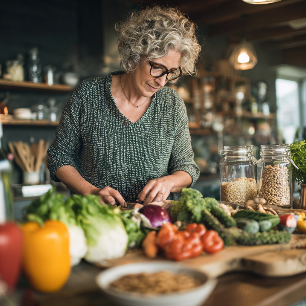 middle-aged woman carefully planning balanced meals with fresh vegetables and grains on kitchen counter