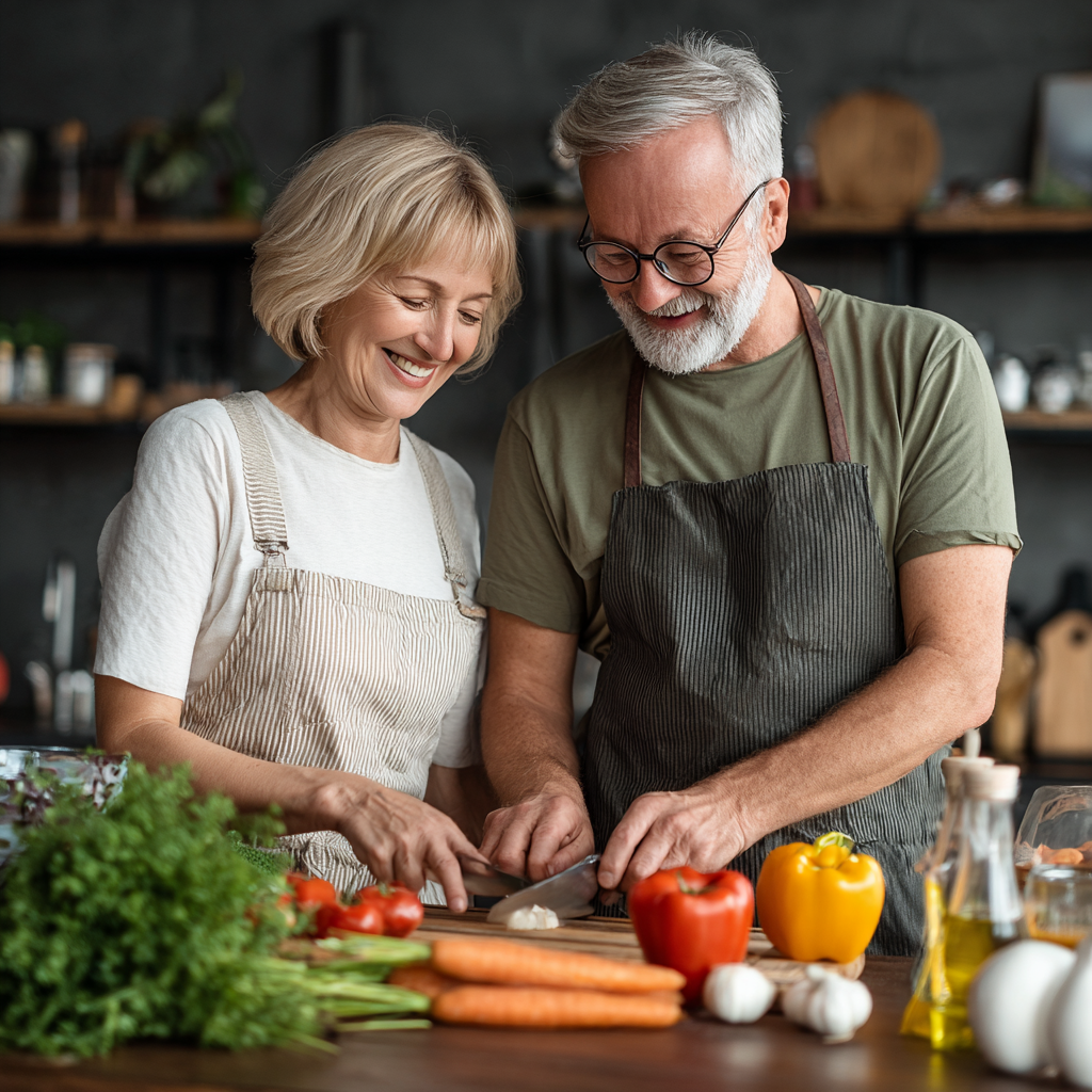 smiling middle-aged couple preparing healthy meal together in modern kitchen following nutrition plan